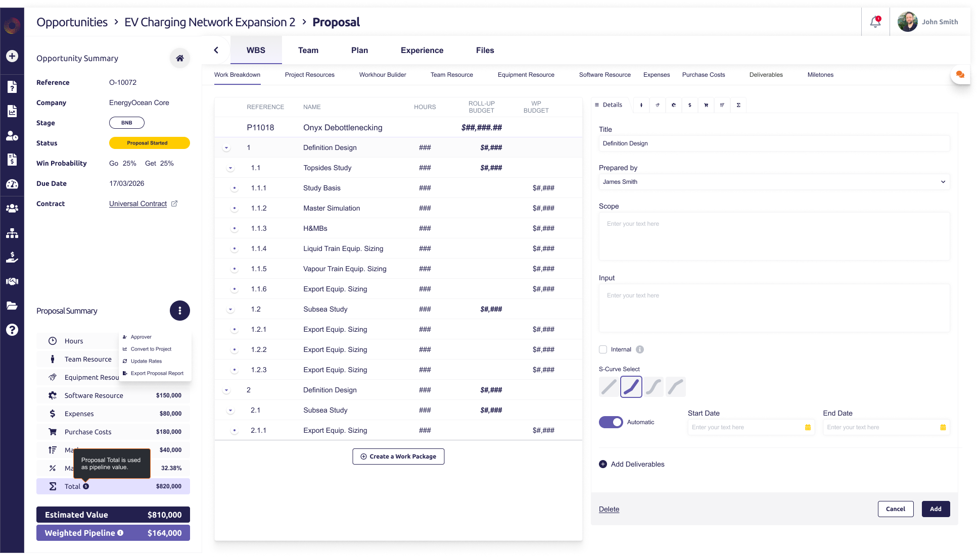 Proposal inside Opportunity: detailed proposal work is connected back to the sales record, summary values and project conversion path.