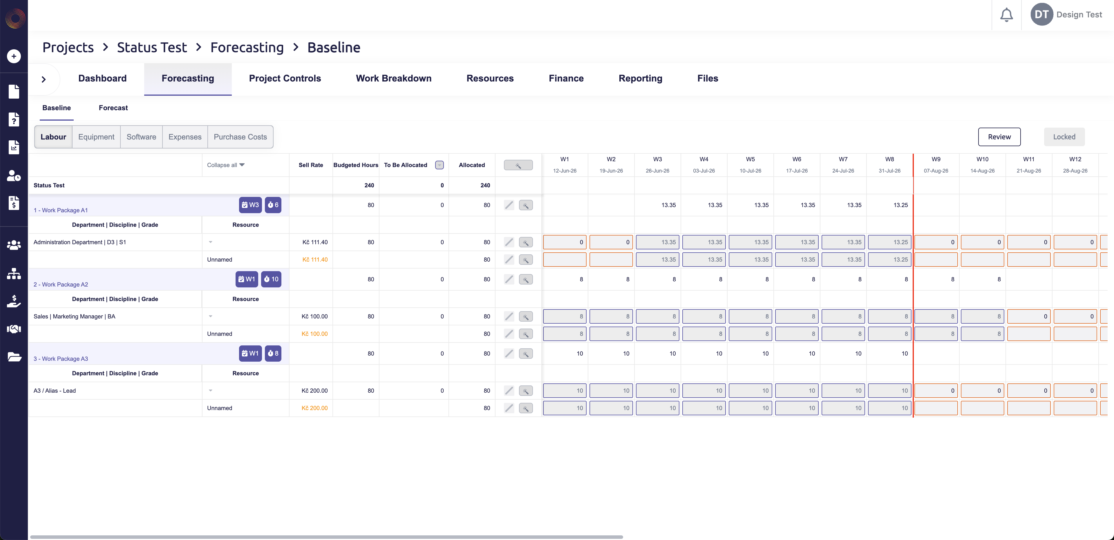 Old Baseline: Labour, Equipment, Software, Expenses and Purchase Costs were separated into tabs, so users could not see the whole plan at once.